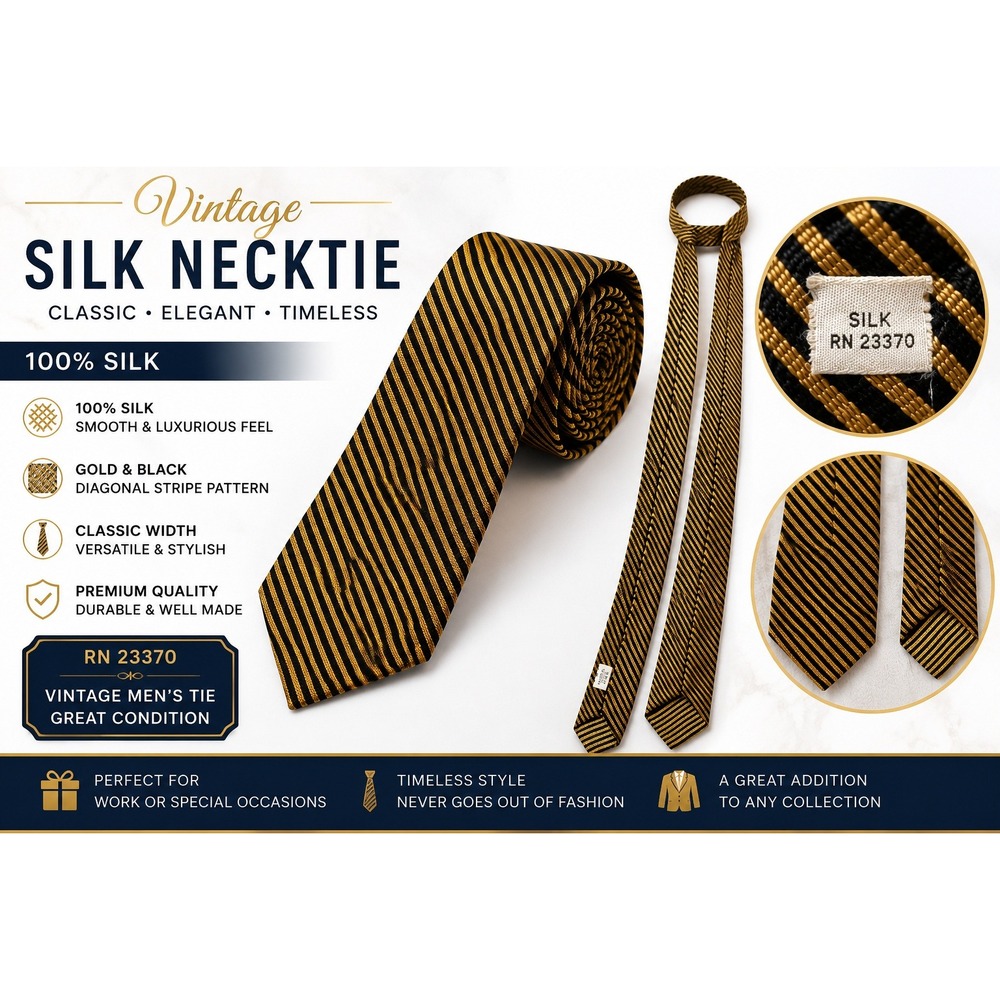 Vintage Gold Black Diagonal Stripe 100% Silk Necktie Classic Mens Tie RN 23370